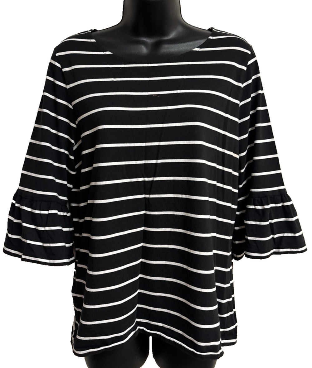 Tommy Bahama Top Black White Stripe Medium M Black 3/4 Ruffle Blouse Scoop EUC